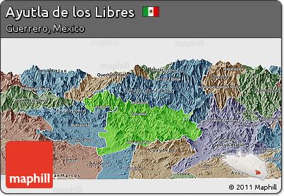 Political Panoramic Map of Ayutla De Los Libres, semi-desaturated