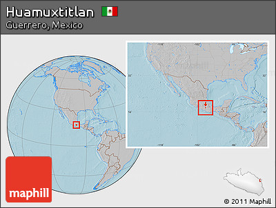 Gray Location Map of Huamuxtitlan, within the entire country, hill shading
