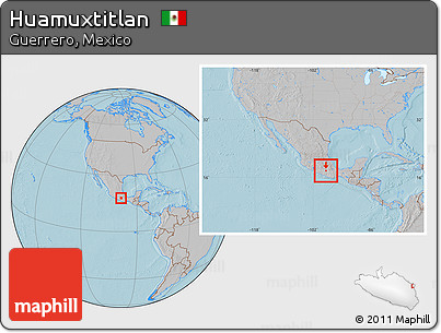 Gray Location Map of Huamuxtitlan, within the entire country, hill shading