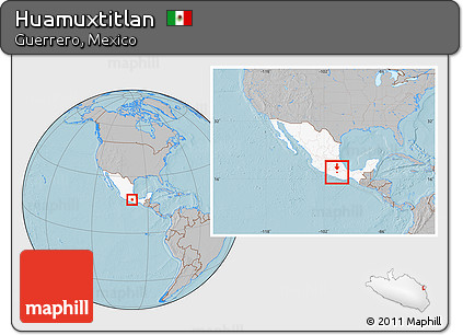Gray Location Map of Huamuxtitlan, highlighted country, within the entire country, hill shading