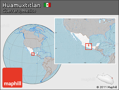 Gray Location Map of Huamuxtitlan, highlighted country, within the entire country, hill shading
