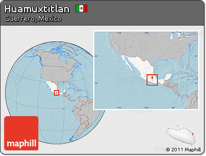 Gray Location Map of Huamuxtitlan, highlighted country, within the entire country, hill shading