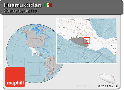 Gray Location Map of Huamuxtitlan, highlighted country, highlighted parent region, hill shading