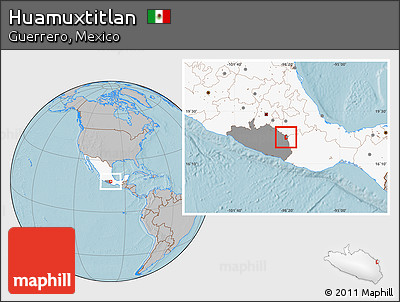 Gray Location Map of Huamuxtitlan, highlighted country, highlighted parent region, hill shading