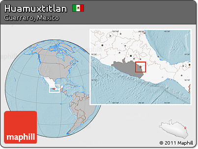Gray Location Map of Huamuxtitlan, highlighted country, highlighted parent region, hill shading