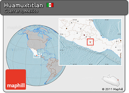Gray Location Map of Huamuxtitlan, highlighted country, hill shading