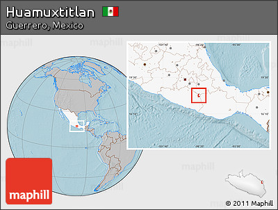 Gray Location Map of Huamuxtitlan, highlighted country, hill shading