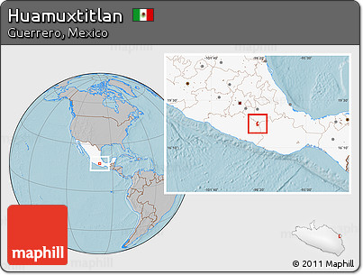 Gray Location Map of Huamuxtitlan, highlighted country, hill shading