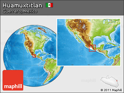 Physical Location Map of Huamuxtitlan, highlighted parent region, within the entire country
