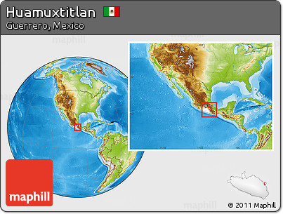 Physical Location Map of Huamuxtitlan, highlighted parent region, within the entire country