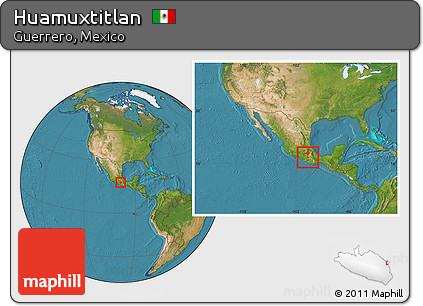 Satellite Location Map of Huamuxtitlan, within the entire country