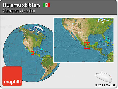 Satellite Location Map of Huamuxtitlan, within the entire country