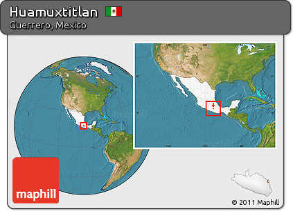 Satellite Location Map of Huamuxtitlan, highlighted country, within the entire country