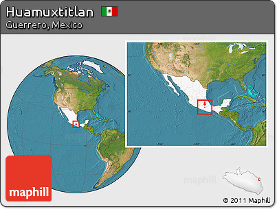 Satellite Location Map of Huamuxtitlan, highlighted country, within the entire country