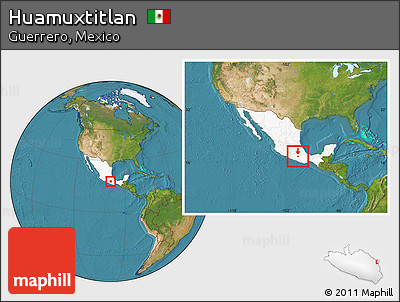 Satellite Location Map of Huamuxtitlan, highlighted country, within the entire country