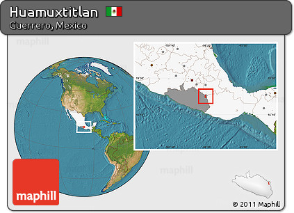 Satellite Location Map of Huamuxtitlan, highlighted country, highlighted parent region