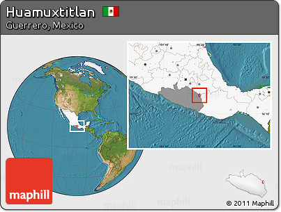 Satellite Location Map of Huamuxtitlan, highlighted country, highlighted parent region