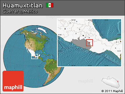 Satellite Location Map of Huamuxtitlan, highlighted country, highlighted parent region