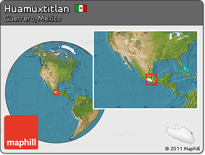 Satellite Location Map of Huamuxtitlan, highlighted parent region, within the entire country