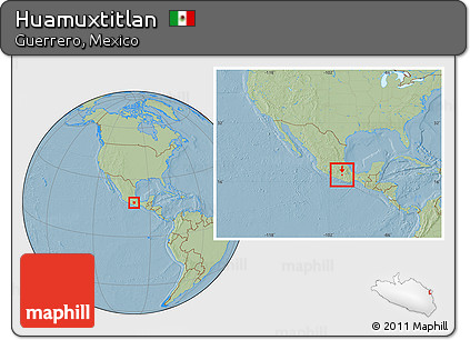 Savanna Style Location Map of Huamuxtitlan, within the entire country, hill shading