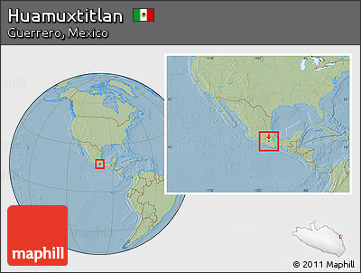 Savanna Style Location Map of Huamuxtitlan, within the entire country, hill shading