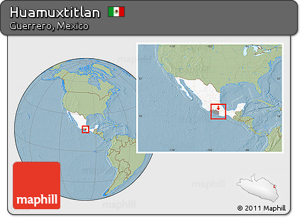 Savanna Style Location Map of Huamuxtitlan, highlighted country, highlighted parent region, within the entire country, hill shading