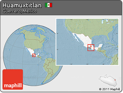 Savanna Style Location Map of Huamuxtitlan, highlighted country, highlighted parent region, within the entire country, hill shading