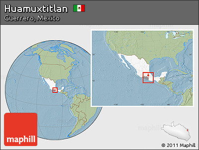 Savanna Style Location Map of Huamuxtitlan, highlighted country, highlighted parent region, within the entire country, hill shading