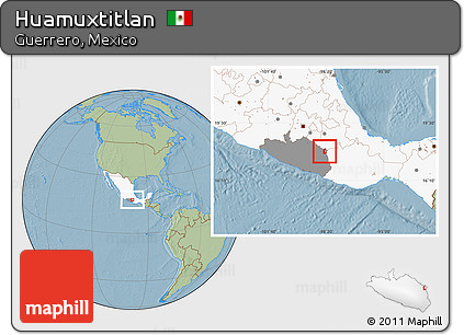 Savanna Style Location Map of Huamuxtitlan, highlighted country, highlighted parent region, hill shading
