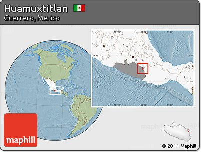 Savanna Style Location Map of Huamuxtitlan, highlighted country, highlighted parent region, hill shading