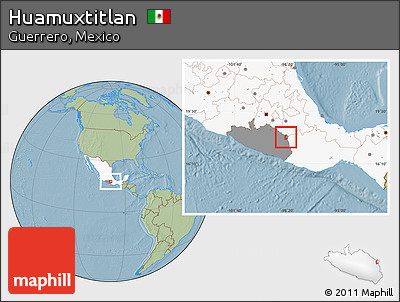 Savanna Style Location Map of Huamuxtitlan, highlighted country, highlighted parent region, hill shading