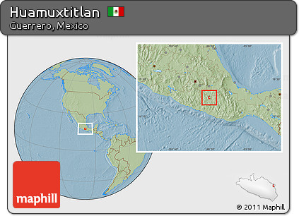 Savanna Style Location Map of Huamuxtitlan, hill shading