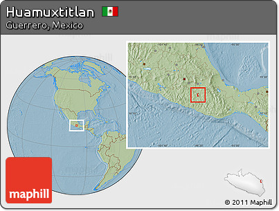 Savanna Style Location Map of Huamuxtitlan, hill shading