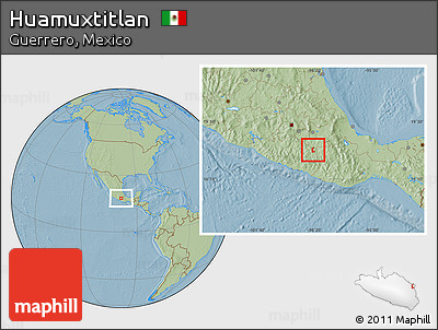 Savanna Style Location Map of Huamuxtitlan, hill shading