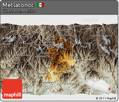 Physical 3D Map of Metlatonoc, semi-desaturated