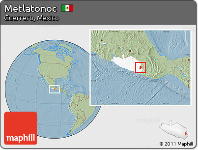 Savanna Style Location Map of Metlatonoc, highlighted parent region, hill shading