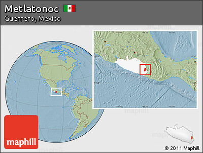Savanna Style Location Map of Metlatonoc, highlighted parent region, hill shading