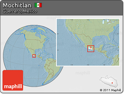 Savanna Style Location Map of Mochitlan, highlighted parent region, within the entire country, hill shading