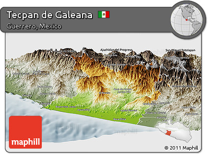 Physical Panoramic Map of Tecpan De Galeana, semi-desaturated