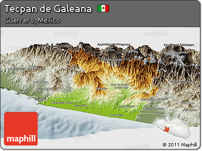 Physical Panoramic Map of Tecpan De Galeana, semi-desaturated