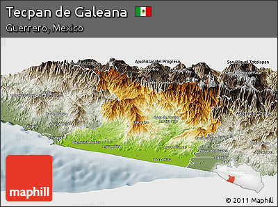 Physical Panoramic Map of Tecpan De Galeana, semi-desaturated