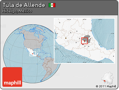 Gray Location Map of Tula De Allende, highlighted country, highlighted parent region, hill shading