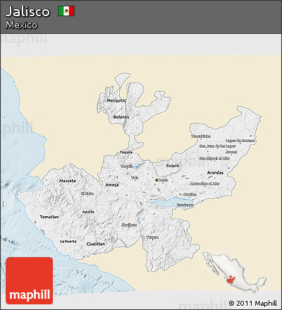 Classic Style 3D Map of Jalisco, single color outside