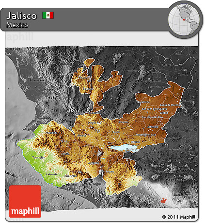 Physical 3D Map of Jalisco, darken, desaturated