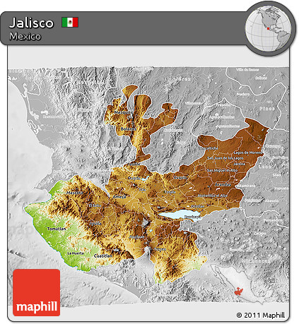 Physical 3D Map of Jalisco, lighten, desaturated
