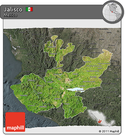 Satellite 3D Map of Jalisco, darken, semi-desaturated