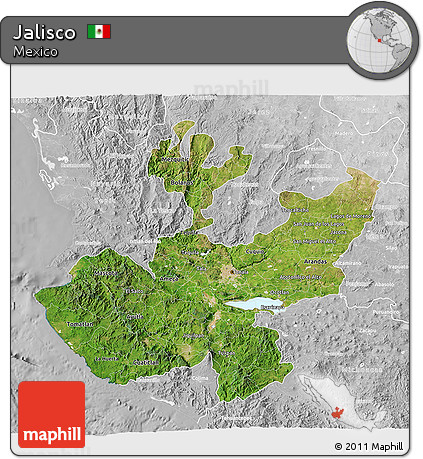 Satellite 3D Map of Jalisco, lighten, desaturated