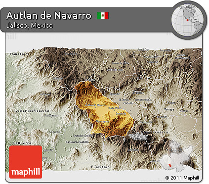 Physical 3D Map of Autlan De Navarro, semi-desaturated