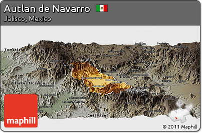 Physical Panoramic Map of Autlan De Navarro, darken, semi-desaturated
