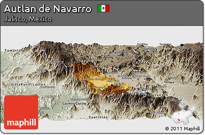 Physical Panoramic Map of Autlan De Navarro, semi-desaturated